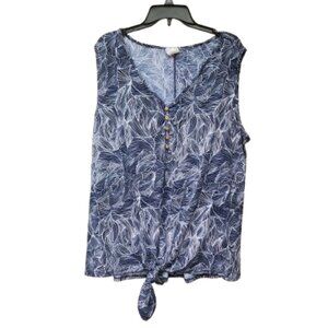 Naif Plus Blue Print Blouse V-Neck Sleeveless Knot Hem Stretch